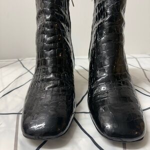 Karen Millen Black Croc-Embossed Patent Ankle Boots